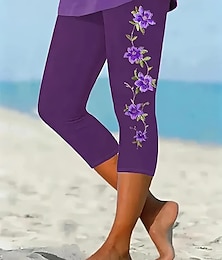 billiga -Kvinnors leggings capribyxor hög elasticitet semester vintage mode kalvlängd hög midja blommigt grafiskt tryck andningsbar mjuk stretchig formell semester kontor violett vit  lila