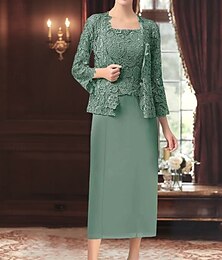 voordelige -Jurk pak Moeder van de bruid jurk Bruiloft gast Elegant Eenvoudig Ronde hals Tot de grond Polyester Lange mouw met Effen kleur 2025