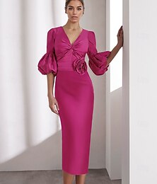 economico -Abiti Cocktail in Raso Colonna Rosa Elegante Formale Lunghezza Caviglia Manica Mezza Scollo a V Tasche Raso Italia con Glitter Arricciato