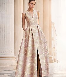 preiswerte -Jacquard Rosa A-Linien Abendkleid Elegantes Kleid Formal Hochzeit Bodenlänge Ärmellos V-Ausschnitt Nylon mit floralem Druck Schlitz Tasche Hochzeitsgastkleid 2025