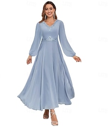 economico -Abiti da Sposa A-Line V Neck Manica Lunga Lunghezza Piena Chiffon Abiti da Sposa con Colore Unito