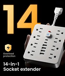 お買い得  -14-in-1フラットプラグ電源タップ 4つのACアウトレットと6つのUSBポート (2つのUSB-C) – 過負荷防止と電源拡張ボード