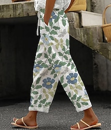 abordables -Pantalons en coton et lin pour femmes pantalons amples shorts en lin comme ceux de plage mode vintage de vacances longueur cheville taille haute impression graphique florale de feuilles respirant