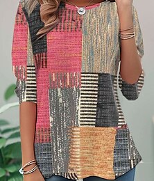 economico -Per donna Maglietta Grafico Geometrico Plaid Casual Manica Lunga Girocollo Top Regolari Quotidiano Stampato Rosa Viola Verde Primavera Autunno