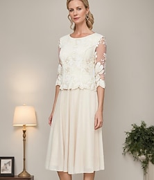 economico -Abito A-Line per la madre della sposa Elegante semplice minimalista collo a girotea lunghezza chiffon pizzo mezza manica con applicazioni in pizzo floreale