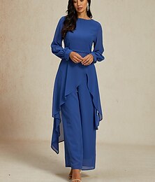 abordables -combinaison invitée de mariage femme élégante bleu marine manches longues transparentes jambe large chic tenue de soirée encolure ronde printemps été automne