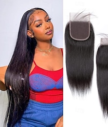 economico -Chiusura in pizzo trasparente 6x6, capelli umani lisci, capelli brasiliani remy pre-pizzicati con capelli del bambino, colore naturale