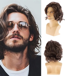 economico -Parrucche corte ondulate castane per uomo, parrucca naturale a strati per cosplay