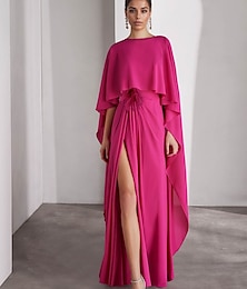 levne -Růžové modré A-line večerní šaty elegantní šaty formální podlahové délky krátký rukáv kulatý výstřih chiffon s péřovým šálkem
