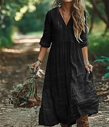 preiswerte -Damen Langes Kleid Maxikleid Baumwoll-Leinen-Kleider Freizeitkleid Boho-Kleid Mode Outdoor Party Ferien Normale Passform Einfach Langarm V Ausschnitt Schwarz Armeegrün Orange Sommer