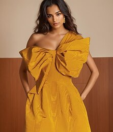 abordables -Robe en moire moutarde jaune haute couture robe de bal A-Line Robes de retour à la maison jacquard élégante Robe de mariage semi-formelle courte  mini sans manches épaule unique avec nœud(s) Robe