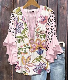 abordables -Blusa para mujeres con mangas de volantes en capas estampado floral gráfico paisley bohemia vintage estilo diario de longitud 3/4 escote en V tops regulares prendas para uso diario vacaciones