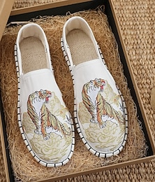 economico -scarpe espadrillas slip-on da uomo bianche con ricami artistici - calzature eleganti con esclusivo design a forma di tigre