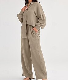 economico -Per donna Attivo Moda Camicie di cotone e lino Set di biancheria in cotone Blusa Manica Lunga Colletto a Camicia Tinta unica Dubbele Rij Knopen Ferie Casual Quotidiano Nero Avorio Vino Estate