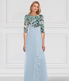 abordables -Robe A-Ligne Bleue Côtelée Robe de Maman de la Mariée Éclat  Brillant Col Bateau Longueur Sol Chiffon Dentelle Côtelée Manches Mi-Longues avec Détails Volants et Boutons Recouverts