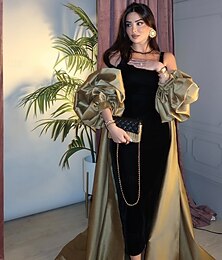 abordables -Fourreau / Colonne Robe de Soirée Élégant Robe Formel Mariage Longueur au sol manche longue Col carré Poche Satin avec Châle 2025
