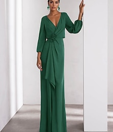 levne -Zelené A-line večerní šaty Elegantní šaty formální svatební host Long Sleeve V krk Stretch crepe s volánky