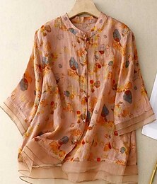 economico -Camicie da donna in cotone e lino, stile floreale, basic, casual, manica a 3/4, scollo rotondo, normali, da giorno, con bottoni, stampa blu, arancione, verde, estive