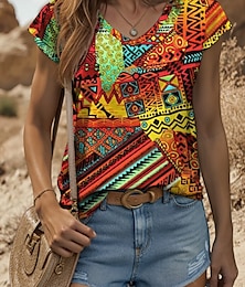 abordables -Camiseta de tirantes estilo bohemio para mujer, con estampado geométrico, vintage, elegante, clásica, sin mangas, manga corta, cuello en V, estilo regular, estampado diario, amarillo, rojo, azul,