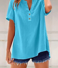 economico -Per donna Blusa Tinta unica Semplice Vintage Elegante Casual Manica Corta Scollo a V Collo a V Top Regolari Quotidiano Ferie Bottoni Verde chiaro Blu Marrone Grigio Azzurro Estate Primavera