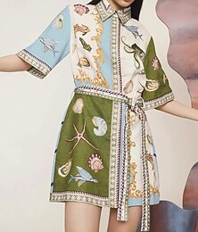abordables -Femmes Mini Robe Robes en coton et lin Robe Décontractée Mode Extérieur Soirée Fête Coupe régulière Animal Manche Courte Col de chemise Vert Été
