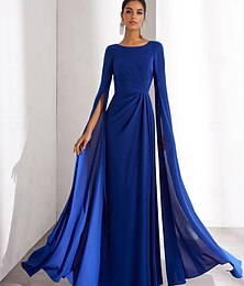 economico -Abito da sera A-Line in chiffon elegante abito matrimonio formale ospiti lunghezza fino al pavimento manica lunga collo a barca con arricciature