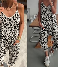 abordables -Mujer Normal Mono Ropa de calle Leopardo Sin Mangas Escote en Pico Estampado Calle Noche Ajuste regular Blanco Verano