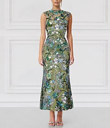 economico -Abiti da Cocktail Verde Sirena  Tromba Ricamati Eleganti Invitata Matrimonio Lunghezza Fino al Pavimento Senza Maniche Collo Alto Paillettato con Glitter