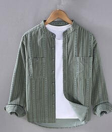preiswerte -Herren Hemd Sommerhemd Freizeithemd Strandhemd Knopfhemd Grün Kaki Langarm Streifen Großvaterkragen Urlaub Hawaiianisch Tasche Bekleidung Polyester Mode Lässig Bequem