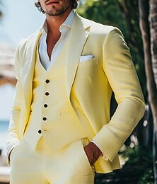 voordelige -Heren Linnen pakken Strand bruiloft Casual Gele Narcis Zomer Pak Ingesneden revers Modieus Formeel Effen Standaard pasvorm 3-delige set Enkele rij knopen met één knoop