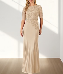 abordables -Robe mère de la mariée sirène  trompette invitée de mariage élégante col rond longueur de sol chiffon manches mi-longues avec appliques