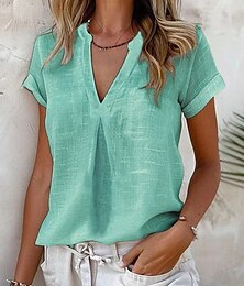 economico -Per donna Camicia Camicie di cotone e lino Quotidiano Affari Manica Corta Ad aletta Collo Alto Top Regolari Lavoro Quotidiano Giallo Blu Azzurro cielo Grigio chiaro Estate