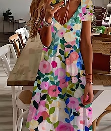 ieftine -Pentru femei Rochie Mini Rochii Tricou Rochie de Vară Rochie A line Rochie de vară Vacanță Casual Zilnic Petrecere ceai Ieșire Fit regulat Floral Grafic Manșon scurt În V Verde Deschis Albastru