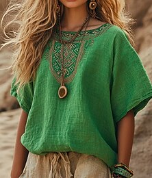 economico -Per donna Camicia Floreale Bohemien Vintage Etnico Mezza Manica Girocollo Scollo a Barca Top Regolari Quotidiano Ferie Uscire Arricciato Stampato Verde Estate Primavera
