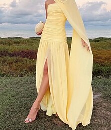 economico -Abito da Sera A-Line Vita Bassa Abito Semi Formale Ospite di Matrimonio Abito con Mantello Lungo fino al Pavimento Senza Maniche Off Spalla Chiffon con Dettagli Arricciati