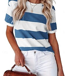 お買い得  -女性用 Tシャツ グラフィック ストライプ ヴィンテージ スタイリッシュ カジュアル 半袖 クルーネック レギュラートップス 日常 週末 プリント ブラック ブルー ダスティブルー オレンジ グリーン 夏 春