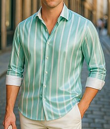 preiswerte -Herren Hemd Satinhemd Gestreiftes Hemd Freizeithemd Knopfhemd Gestreift Hochzeit Urlaub Grün Langarm Kragen Frühling & Herbst Bekleidung
