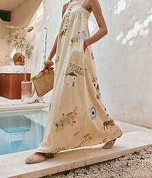 abordables -Femmes Robe Longue Maxi Robe Robes en coton et lin Robe Décontractée Mode Extérieur Soirée Fête Coupe régulière Peinture Sans manches Bretelles spaghetti Beige Été