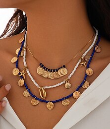 abordables -Conjunto de collar con dije de moneda y concha con cuentas doradas y azules para mujer: collares en capas de estilo bohemio playero con detalles de estrellas de mar y conchas para verano y vacaciones.