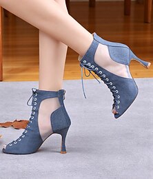 abordables -Chaussures de danse latine professionnelles à lacets et bout ouvert pour femmes, avec empiècements en mesh et talon, pour spectacles et compétitions