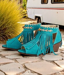 baratos -sandálias femininas peep-toe com franjas estilo bohemiao azul e salto bloco – sapatos de verão abertos no estilo western para festivais de música e passeios casuais