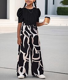 preiswerte -2 Stück Kinder Mädchen Einfarbig Puffärmel T-Shirt & Hose einstellen Kurzarm Mode Outdoor Ab 4 Jahren Sommer Schwarz Rote Grün