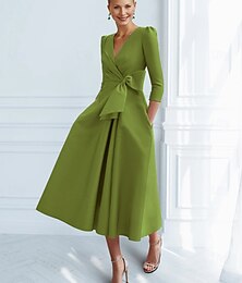 billiga -A-Linje Cocktail Klänningar Elegant Klänning Formell Ankarlängd 3/4 Längd Ärmar V-Hals Ficka Stretch Crepe med Båge(r) Rynkad Derby Klänningar 2025