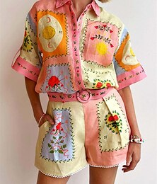 preiswerte -Damen Mode Streetwear Baumwoll-Leinen-Hemden Baumwoll-Leinen-Sets Shorts-Sets Kurzarm Hemdkragen Blumen Druck Alltagskleidung Date Rosa Sommer Normale Passform