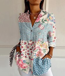 abordables -Mujer Camisa Bloque de color Flor Diario Elegante Básico Media Manga Escote en Pico Tops regulares Diario Festivos Estampado Azul Piscina Verde Trébol Beige Primavera Otoño