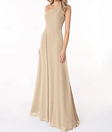 preiswerte -A-Linie Brautjungfernkleid eine Schulter ärmellos elegant bodenlang Chiffon mit Falten / Rüschen 2025