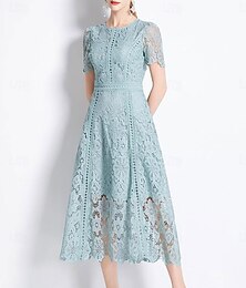 abordables -Robe mère de la mariée élégante col rond longueur thé dentelle manches courtes avec dentelle