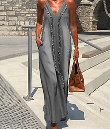 economico -Per donna Abito Lungo Maxi Abito Abiti ispirati al lino Abiti in cotone e lino Abito Sottoveste Abito Boho Vintage Moda All'aperto Feste Ferie Vestibilità regolare Ombre Senza Maniche Scollo a V Nero