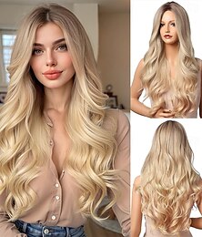 cheap -24 Blonde wig Synthetic Wigs for Women Dark Roots Long Wig Brown Ombre Blonde Wavy Hair Realistic Simulation Scalp Middle Part for Daily Party Use