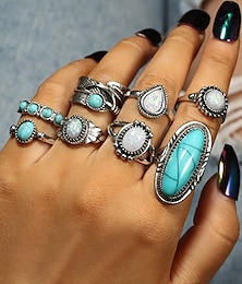 abordables -Conjunto de anillos bohemios de turquesa para mujer: anillos apilables de aleación vintage con detalles de piedras preciosas para estilo occidental, festivales o uso diario.